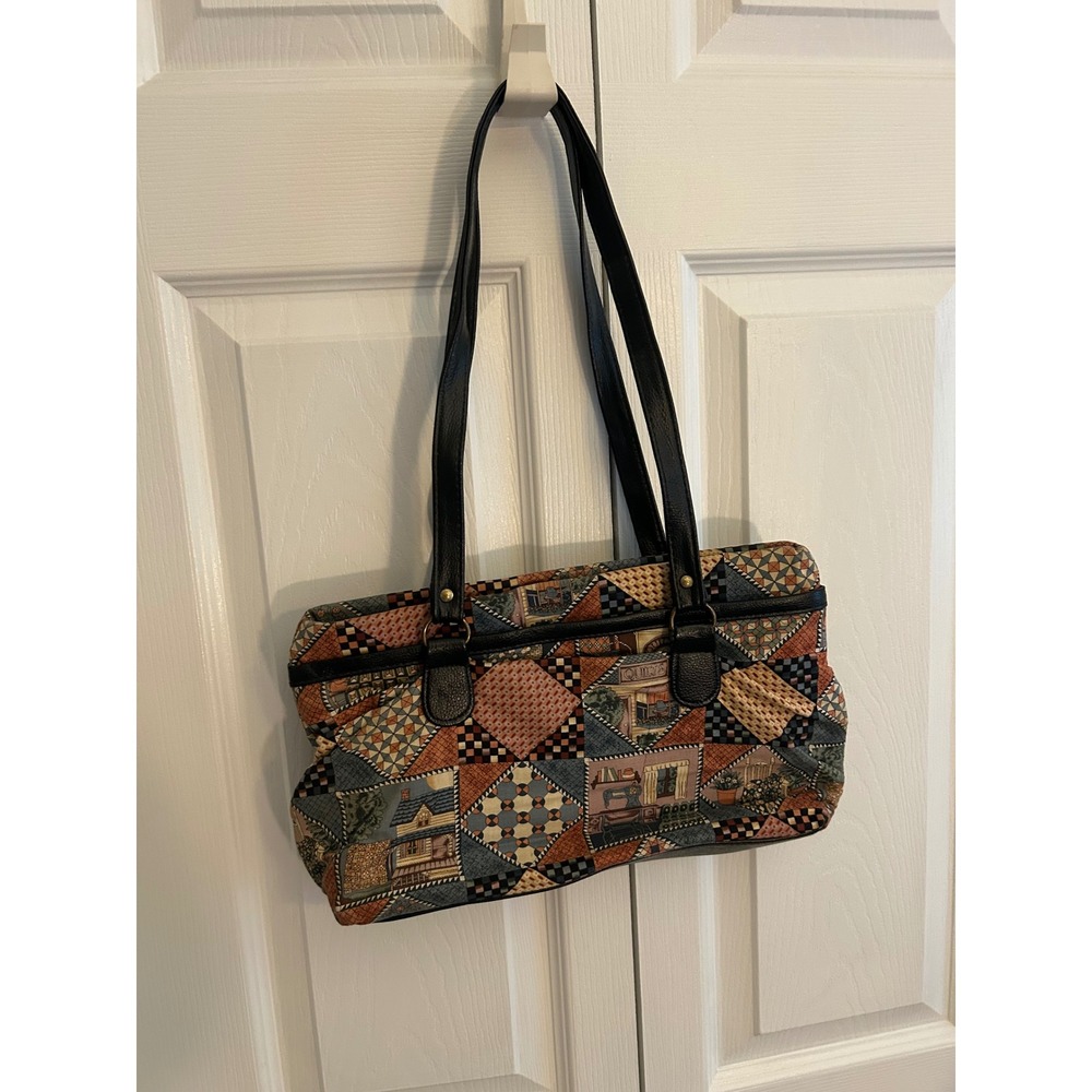 Vintage Tapestry Patchwork Quilt Print Shoulder Bag Black Faux Leather Trim Tote